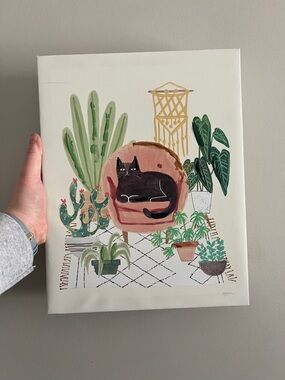 Black Cat & Indoor Plants Canvas Art - White Background